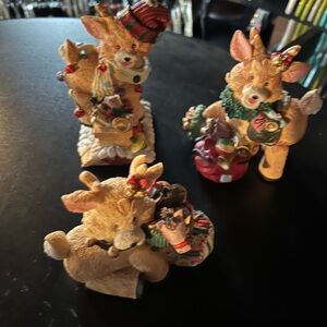 Festive Reindeer Figurine Set - Brown and Red Accents
